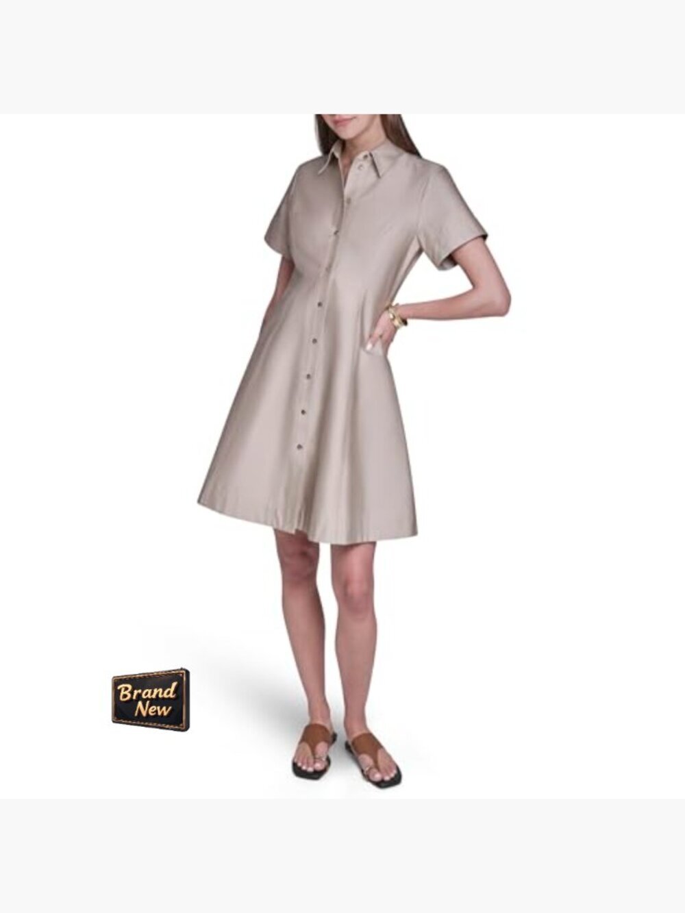 Short Sleeve Button Up Cotton Sateen Shirt Dress Midi Knee-Length - Picture 5 of 7